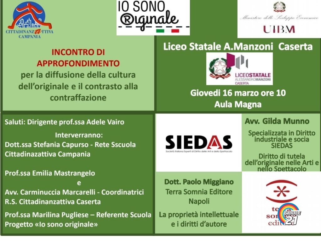     Il Liceo Manzoni unico istituto del territorio casertano scelto dall’Associazione Cittadinanzattiva per il progetto “Io Sono Originale”, iniziativa di informazione e di sensibilizzazione sul fenomeno della contraffazione promossa dal Ministero dello Sviluppo economico. 