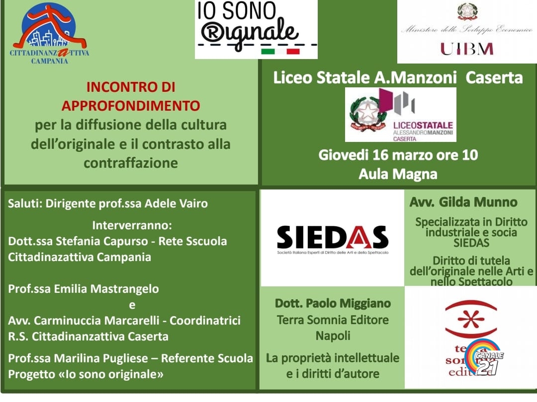     Il Liceo Manzoni unico istituto del territorio casertano scelto dall’Associazione Cittadinanzattiva per il progetto “Io Sono Originale”, iniziativa di informazione e di sensibilizzazione sul fenomeno della contraffazione promossa dal Ministero dello Sviluppo economico. 